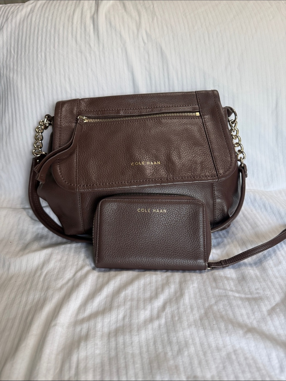 Cole Haan Dark Brown Pebbled Leather Shoulder Bag with Wallet